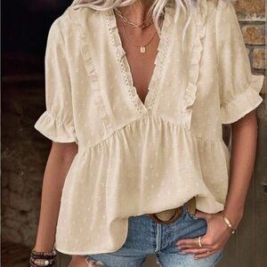Cream Deep V-Neck Puff Sleeve Embroidery Blouse (L)
